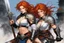 Placeholder: (in the style of Orion, by Masamune Shirow) Subject & Action: A fierce, generational duo of two redhead warrior women stands resolute. The mother, a battle-hardened matriarch with braided ginger hair and war paint, wields a heavy, two-handed claymore, her expression stern and commanding. She wears weathered leather and chainmail armor with tartan accents. The daughter, younger but equally intense with wild, vibrant orange-red hair and fierce eyes, holds a sharpened broadsword and a round targe s