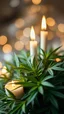 Placeholder: A very delicate New Year's composition, sparkling patterns, very delicate, iridescent bokeh. A bouquet of Marijuana green leaves, small blurry candles