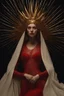 Placeholder: lady in red veils her face and has a large golden spiked crown, in the style of celestial fasion, otherworldly beauty, davide sorrenti, celestialpunk, album covers, fra angelico, aykut aydogdu, queencore, golden age aesthetics --s 750 --v 6. 0 --ar 10:13