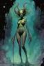 Placeholder: Demon girl wizard behind, cosmic horror, nightmare, galaxy in eyes with dread, truth, alien underwater, fullbody, in the comic book art style of Mike Mignola, Bill Sienkiewicz and Jean Giraud Moebius, , highly detailed, grainy, gritty textures, , dramatic natural lighting