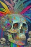 Placeholder: A crackled old painting entitled "Shaking the ghost out of the machine"; a skeleton with ghostly double rainbow made of mixed media such as feathers, foliage, flowers, and gemstones emerging from a giant crack at the top of the skull; surreal, quilling, optical art, award-winning, masterpiece, Intricate, provocative, psychedelic, Magnificent.