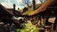 Placeholder: A view within the village of Hobbiton on market day, in "Lord of the Rings" by Tolkien. Many hobbit are in the village. Beautiful composition, clear photograph, excellent lighting, award-winning photography.