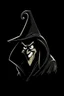 Placeholder: 1980s goofy character of a pirate wearing a black hooded cloak, inside a lighter diamond shape on a black background, monochromatic