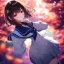 Placeholder: Clear focus,High resolution, one girls, Short brown hair, Purple eyes, Wearing a sailor uniform jumping with blurry sakura leafs falling down