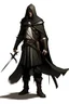 Placeholder: Dungeons and dragons character. Portrait of a 37 year old tall, skinny and weak man. He is 6 foot tall. He has been starved for 10 years. He has a slight hunch. He wears a black hooded cloak which reaches down to his knees, a white dirty shirt underneath and old brown pants and black shoes. He wields a large glaive made of black wood and blue metal. it’s as tall as himself. His eyes are black like his hair and stubby beard. He looks sick like he has the flu.