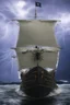 Placeholder: Ship front view with a Spider figurehead at night in a storm with giant waves