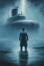 Placeholder: A painting of a ghostly submarine captain standing in the middle of a lake facing the viewer surrounded by a ghostly blue mist.