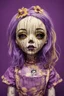 Placeholder: full color, illustration of a darkpurple and gold tones, menacing, Singer Melanie Martinez face, as a decayed, broken, crude homemade cloth doll toy, with a narrow cracked porcelain face, thick dark eyebrows, hair in two gradually, made from ragged strips of cloth, in the style of Alex Pardee, Tim Burton, and Nadya Sheremet