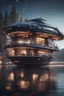 Placeholder: modular house boat that looks like an dark twisted alien space ship, bokeh like f/0.8, tilt-shift lens 8k, high detail, smooth render, down-light, unreal engine, prize winning