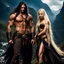 Placeholder: tall muscular male mountain man with long dark hair with a petit female with long blonde hair, dark fantasy,