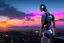 Placeholder: Humanoid-looking robot, standing and looking out over an alien town skyline at dusk