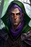 Placeholder: Portrait of male rogue elf, thief assassin, purple hair, bright green eyes, brown skin, black hood, black leather armor, messy, disheveled, trees, sneaky