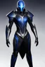 Placeholder: Mass Effect game, Quarian, Sci fi, elegant fusion of Quarian tradition and modern sophistication. The sleek, matte black base is accented by intricate, flowing silver filigree patterns along the armor plates, evoking Quarian craftsmanship. Subtle deep-blue energy veins pulse softly along the seams. The armor plating is lightweight and contoured to his form, giving the suit a sharp, streamlined silhouette that enhances his agility.His visor, tinted in a sleek gradient from dark green