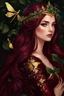 Placeholder: Burgundy hair, dark hair,dark red , rapunzel hair,very long hair,dark fairy princess,elven crown,night,dragonflies,beautiful,ong ashes,golden armor ,sparkle,night blooming,ivy,dark green,lilly of valley,golden elven crown