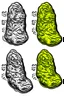 Placeholder: Draw two footprints. The tread pattern from the shoes is white and made entirely from the shapes of ghosts in the style of Salvador Dali’s “the face of war”. Use no more than 4 colours. Do not draw a shoe.