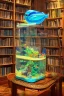 Placeholder: An aquarium glass cat shaped aquarium with fish, colorful fish, in an old style cozy library with a comfortable armchair to sit in and a large aquarium with fish, colorful fish