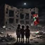 Placeholder: Hyper Realistic Children crying outside a destroyed building in a dark night with Palestine Flag