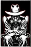 Placeholder: intimidating western styled man with hat (wide flat brim flat top) shading face, wearing a gas-mask, sitting forward on a wingback chair, vignette, black and white graphic novel style with a red outline on black background, gothic horror