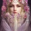 Placeholder: portrait,"Insanely detailed photograph of a beautiful nordic vestal priestess,gorgeous clean face,intricate mask, highly intricate dress,intricately designed colorful flowers in hair,elegant, highly detailed hair, digital painting, artstation, concept art, smooth, sharp focus, illustration, art by artgerm and greg rutkowski and alphonse mucha, 8 k,looking downward,album cover art,fantasy