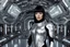 Placeholder: photo of a Sci-fi woman, with black hair, wearing a silver and black spacesuit looking like an android, no helmet, on an alien planet