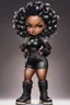 Placeholder: create an airbrush illustration of a chibi cartoon voluptuous black female wearing a black and silver outfit with timberland boots. Prominent make up with hazel eyes. Extremely highly detailed of a long wavy ombre bantu knots. Background of a bike show