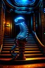 Placeholder: chat robot creating crazy revenue in the style of giger, spray paint, photo realism, trending on art station, 8k, depth of field, down light, light rays, volumetric, reflective spiral staircase, blue, brown and orange