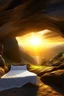 Placeholder: Imagine a surreal landscape at sunrise with a cave tomb in the side of the hill and a stone slab rolled back from the entrance. Inside the cave you can see a shroud folded neatly on the bed where a body would lay. Through an opening in the cave wall you can see the sunrise and two winged angels