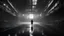 Placeholder: man inside dark extremely large sci-fi old hangar, once raven flying far away, dark room, rain, wet, ambient light, photographic, black and white
