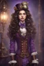 Placeholder: A girl with long, wavy dark brown hair, purple eyes, dressed in steampunk clothes, Nutcracker style