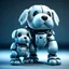 Placeholder: Funny 3D image of a big android robot holding a real-life fluffy puppy