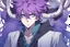 Placeholder: anime man with ram horns, fangs, messy purple hair and blue eyes