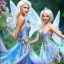 Placeholder: Fantasy fairy with transparent wings, smiling, make up, long platinum blond hair with crown and flowers, blue dress, flowering background