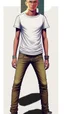 Placeholder: Teen man, blond hair, perfect face, style of tomer hanuka, jeans, white, t-shirt, pompadour