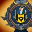 Placeholder: Fantasy setting, coat of arms with a kestrel holding a black anchor in its talons. The kestrel is encircled by a navy blue ring and a yellow half circle shape above it.