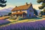 Placeholder: museum quality color woodcut landscape of a fanciful 1920's ramshackle and dilapidated French country cottage nestled amidst the lavender fields of Provence, on a blissful summer morning, in the style of Gustave Baumann, with a fine art aesthetic, highly detailed, finely cut ,8k render, soft early summer colors