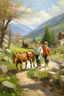 Placeholder: Spring in skåbu, sun, portrait of cute children walking in mountains by stream, horse, broken old tractor, prize winning oil painting