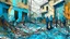 Placeholder: Calle de pescadores con redes colgadas donde las cuerdas se convierten en líneas sinuosas de azul y marrón, la composición se organiza en bloques superpuestos que desafían la profundidad, colores arbitrarios que vibran por contraste y trazo gestual que captura la resistencia y la comunidad mediante la autonomía del color.