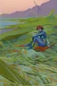 Placeholder: [kupka's style, straws, flows, colors, woman, soldier, full-length sleeping dead] C’est un trou de verdure où chante une rivière Un soldat jeune, bouche ouverte, la nuque baignant dans le frais cresson bleu, Pâle dans son lit vert où la lumière pleut. Les pieds dans les glaïeuls, il dort. Les parfums ne font pas frissonner sa narine ; Il dort dans le soleil, la main sur sa poitrine Tranquille. Il a deux trous rouges au côté droit.