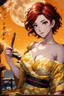 Placeholder: (Asian), short hair, fiery red hair hair, normal hands yukata, yellow clothes, 8k, best quality, winking, very dark night time, lighting from moon yellow moon, perfect, masterpiece, anime style, cartoon style,