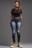 Placeholder: Create a digital image of a curvy black female wearing tight cut up jeans and a black tshirt with timberland boots. Prominent make up with hazel eyes. Highly detail two cornrows going down her head.