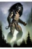 Placeholder: "Double Exposure" paul stanley full color oil painting art by Alex Ross, fog and clouds rising in the foreground. A giant werewolf roaming the woods at night, oil painting art by frank frazetta