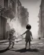 Placeholder: children playing on the street capture them against the sun and make a art sillhoutte, details, sharp , blackand white