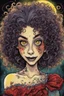 Placeholder: a cartoon illustration of a schizophrenic curly haired vampire girl , in the cartoon style of Lynda Barry , Ernie Pook's Comeek, vibrant natural colors, , museum quality masterpiece