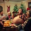 Placeholder: Holidays disaster meal, drunk Uncle Phil singing into beer bottle while very drunk, belly hanging out over pants, photoreal, family holiday party nightmare, cringeworthy, christmas tree in background