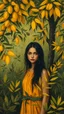 Placeholder: A pretty girl in a dark yellow olive jungle painted by Henry-Robert Brésil