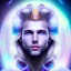 Placeholder: smiling beautifull long hair blond man face with small cristal diadem on the forehead , cosmic armor and cosmic purple and blue sky behind