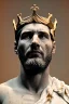 Placeholder: Ultra Realistic image, Roman sculpture, white marble material, Lionel Messi, gold crown of natural thorns, god crown, Renaissance style, sun rays background, waist up portrait, epic, celestial, cinematic lighting, God lights, 4k resolution, smooth details, soft lighting, unreal engine 5, art station, substance 3d.