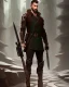 Placeholder: muscular male ranger, slender build, leather pants, black fur boots, belt, brown leather hood, short beard and mustache, long brown hair, stoic, bow, green eyes, eyes are both in proportion, 3/4 look, standing, dark cobblestone alley, forest, intense, non-photorealistic rendering in the art style of j.scott campbell