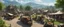 Placeholder: a pro-quality photo of a busy village market in a beautiful outdoor countryside sunny scene with distant hills & fields, intricate dwellings with many pathways & stairways, streams & waterfalls, a waterwheel, & a beautiful sky : very high detail, epic cinematic, 8K, Large depth of field