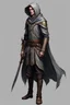 Placeholder: male high elf ranger wearing a leather jerkin and a gray hooded cloak, full body